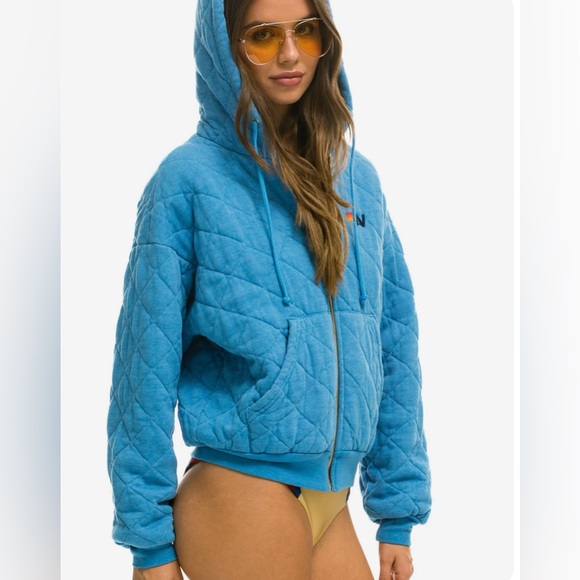 Aviator Nation QUILTED ZIP HOODIE RELAXED - OCEAN size Medium - Picture 4 of 10